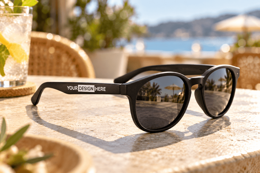 Runde Sonnenbrille aus Weizenstrohfasern mit dunklen Gläsern