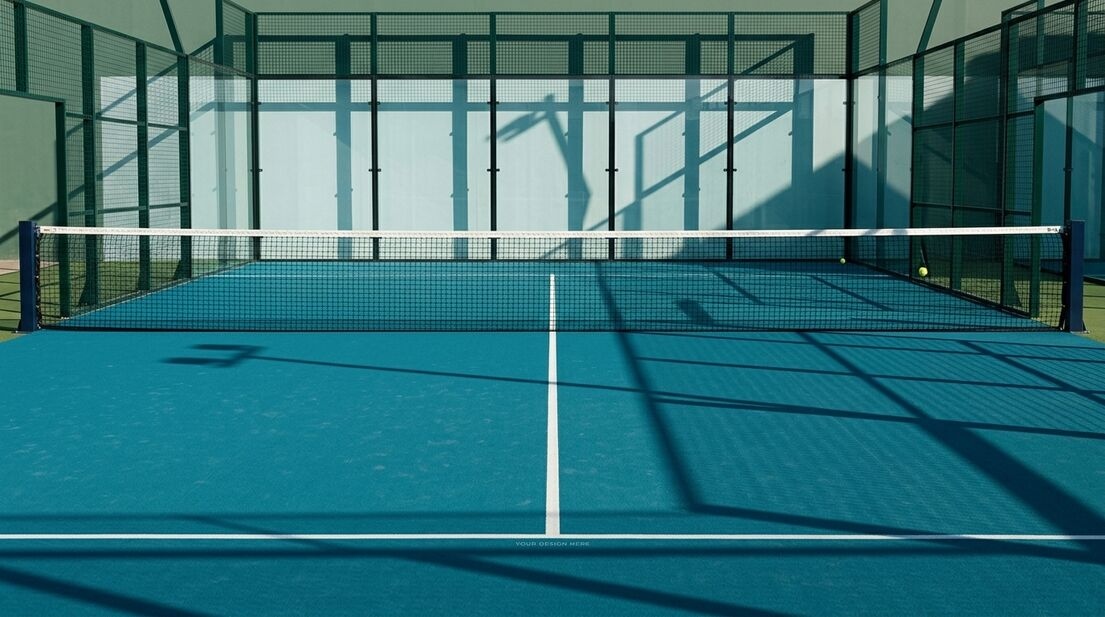 Padel court with glass walls and wire mesh