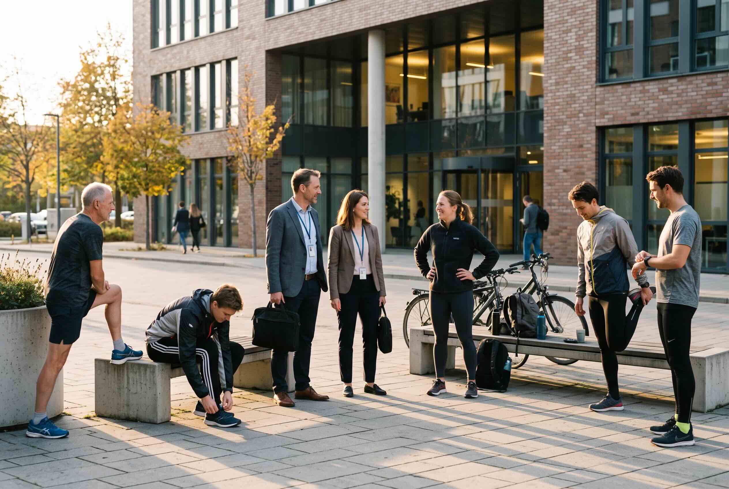 Laufgruppe eines Run Clubs trifft sich nach Feierabend vor dem Bürogebäude