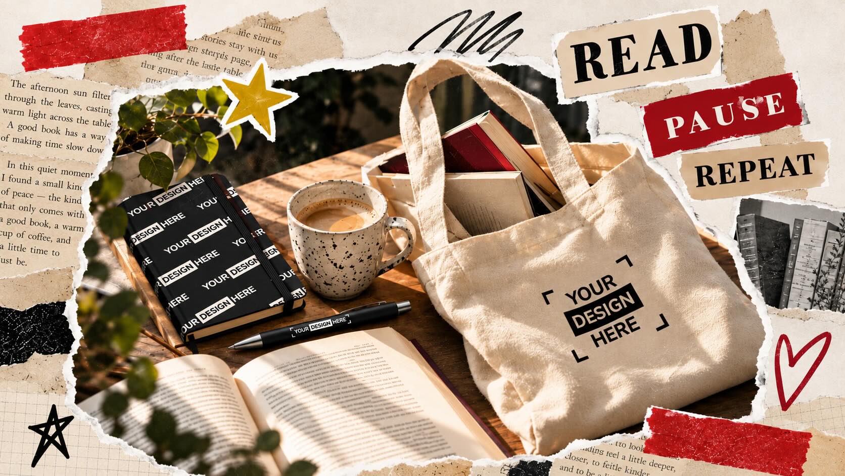 Aufgeschlagenes Buch, Stofftasche, Notizbuch und Stift auf einem Tisch, Tasche und Notizbuch mit Platz für ein eigenes Motiv