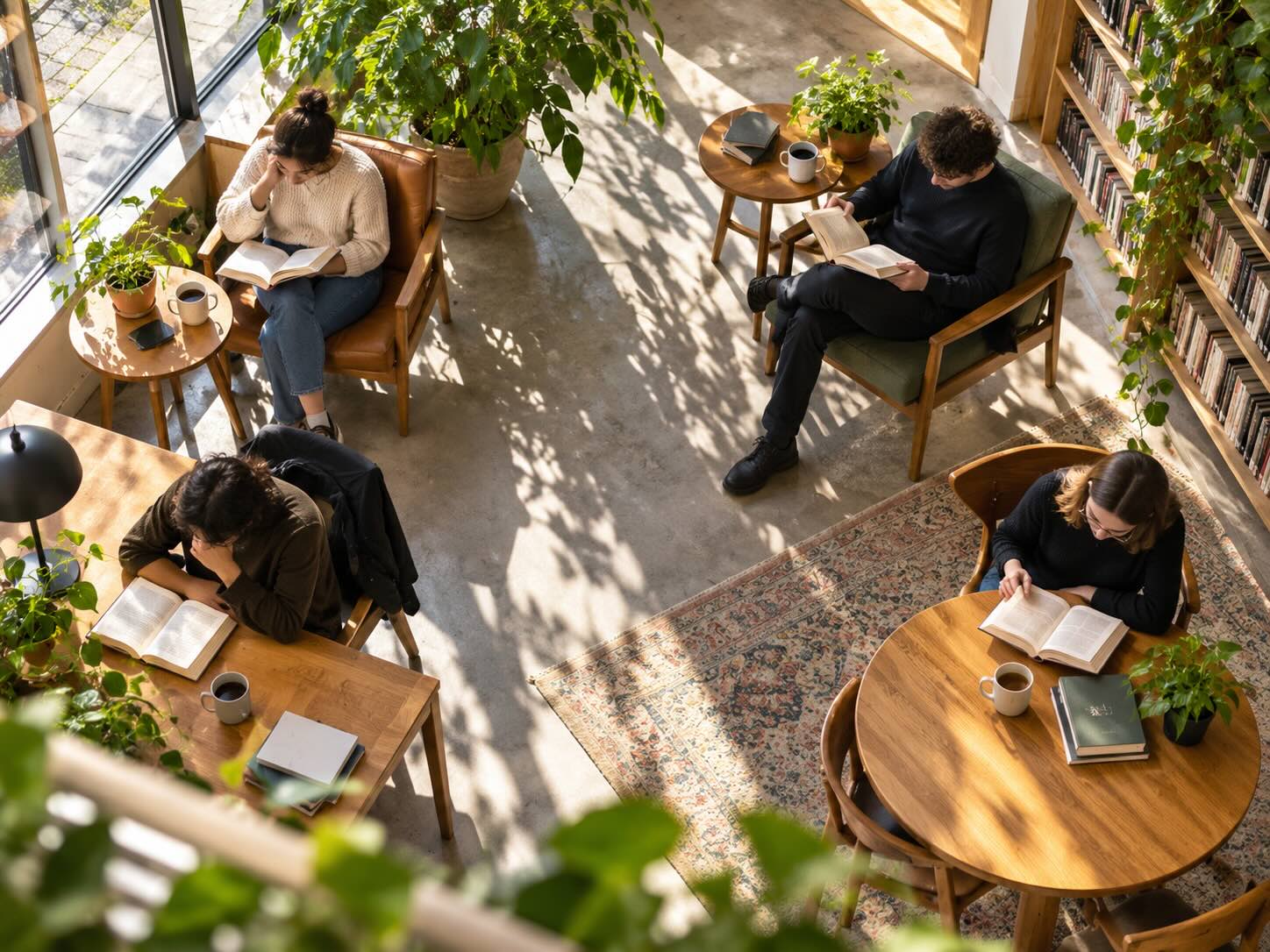 Mehrere Menschen sitzen nebeneinander in einem hellen Raum und lesen jeweils ein eigenes Buch