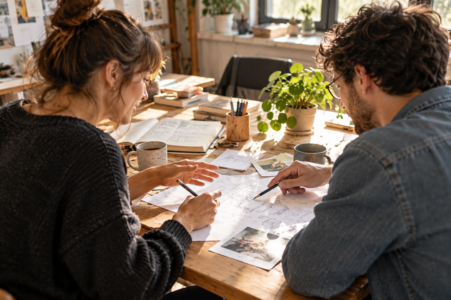 Two colleagues develop ideas together on paper at a creative team workshop.