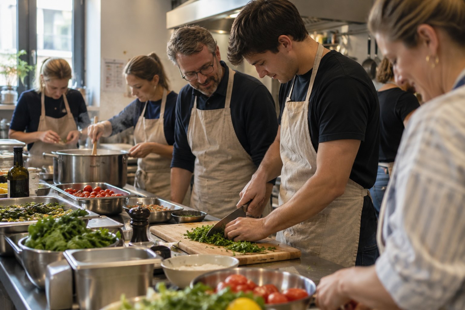 Colleagues prepare food together in a workshop kitchen.