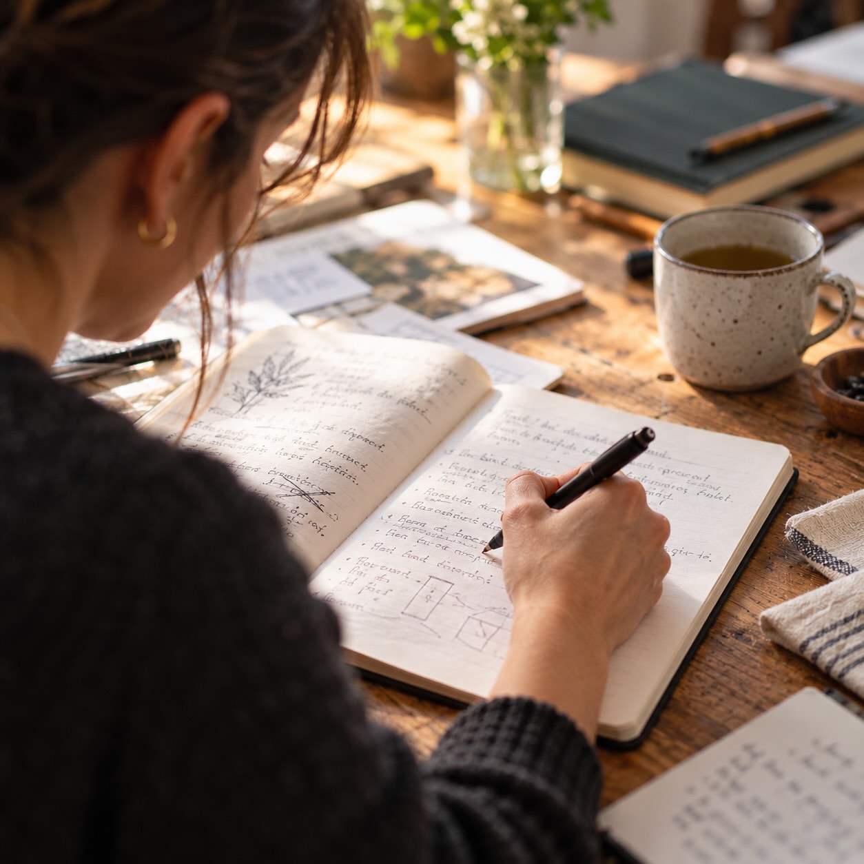 A person writes by hand in an open notebook.