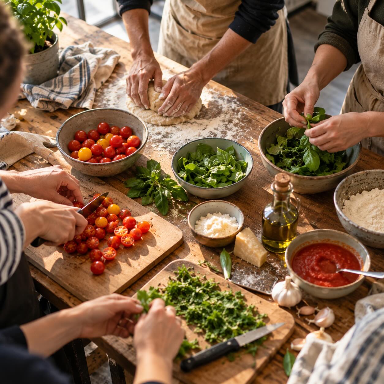Several pairs of hands prepare a meal together on a wooden table.