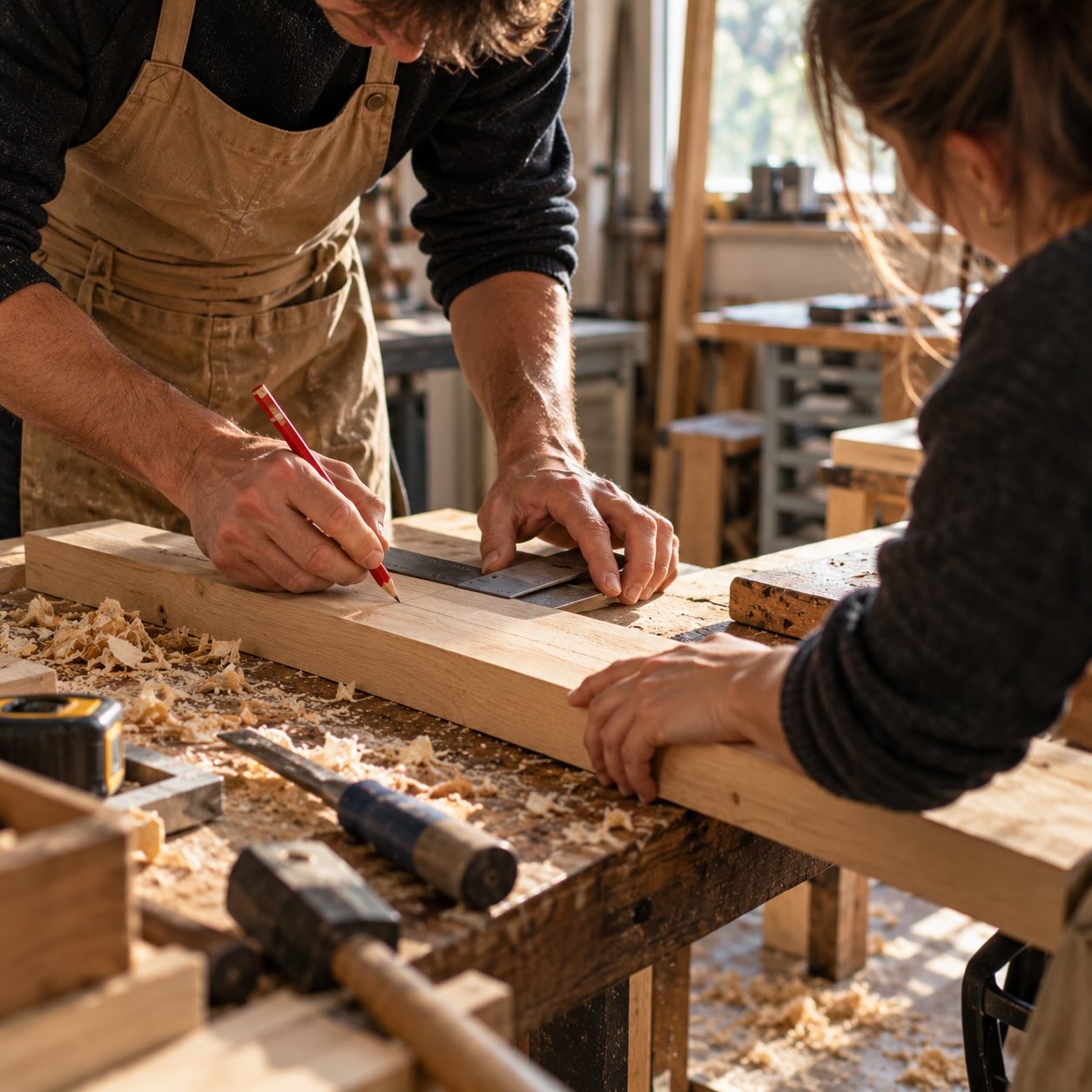 Two people mark a board together for woodworking.