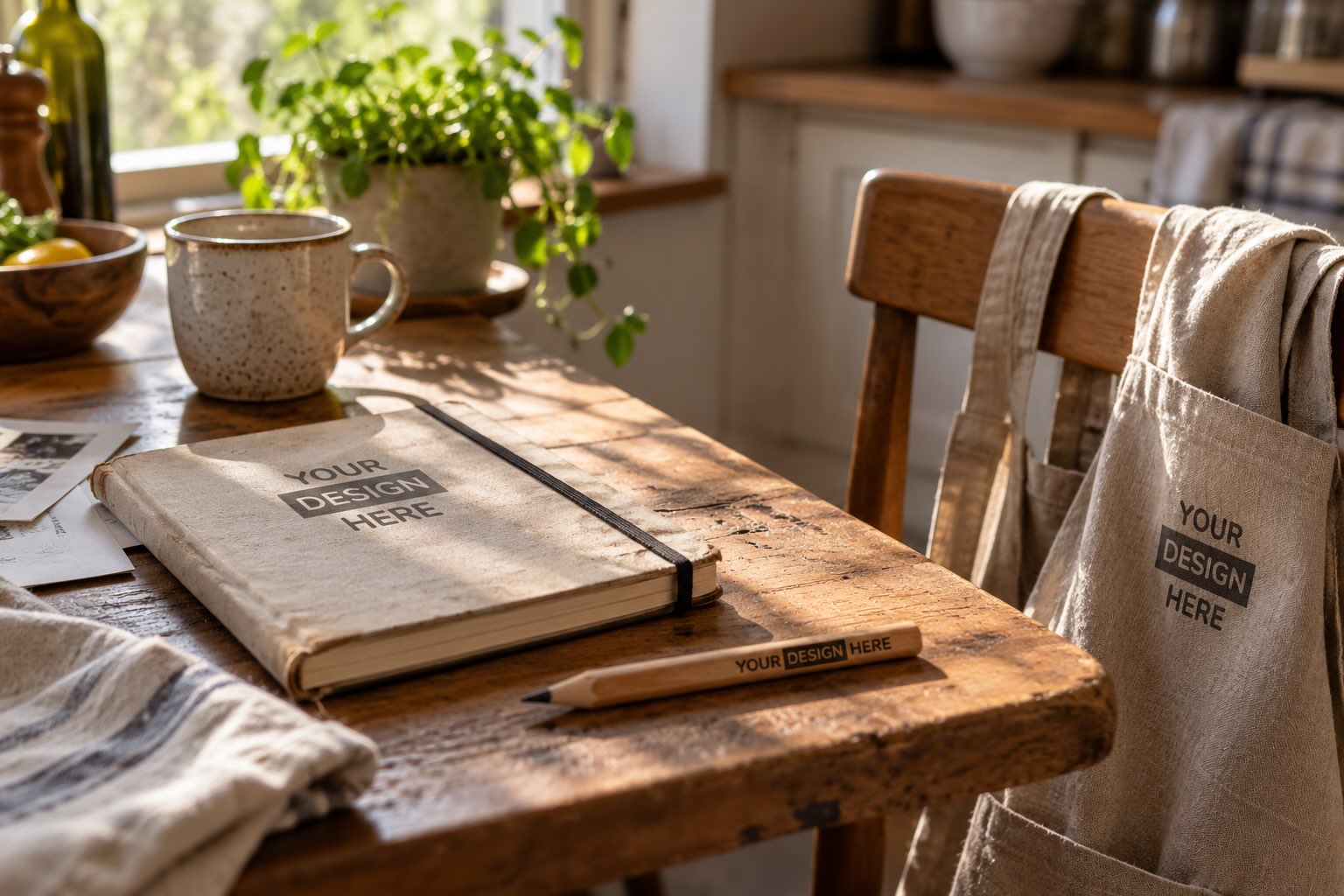 A used notebook, a carpenter's pencil and an apron lie and hang in a home in morning light.
