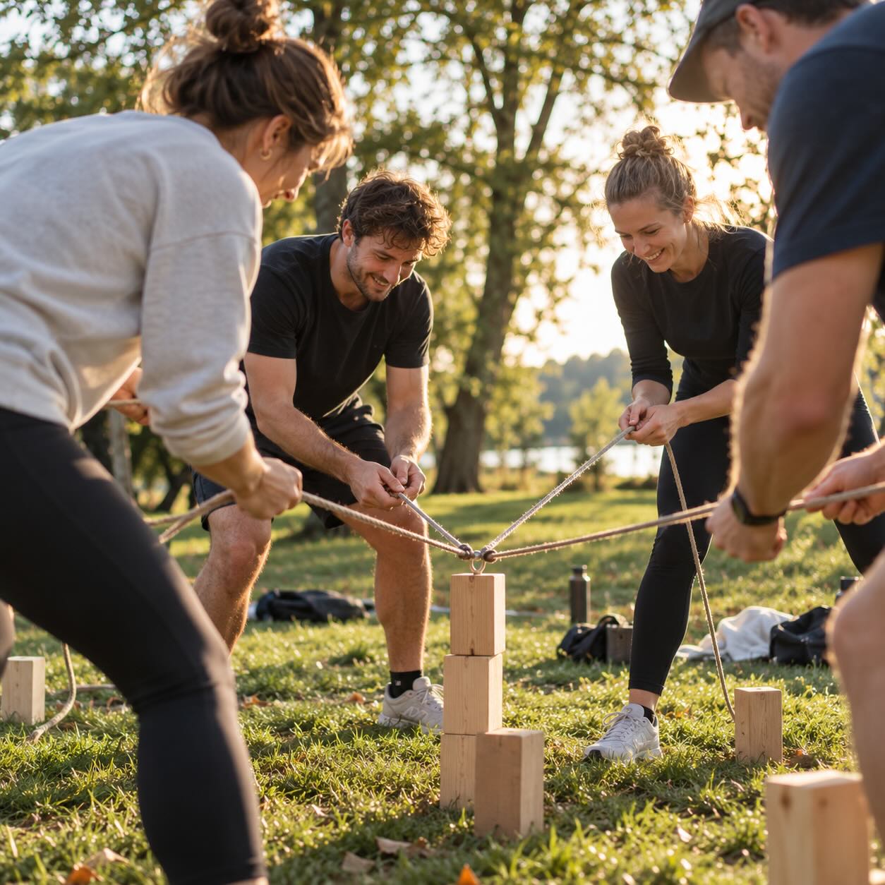 A group solves a cooperative game task together outdoors.