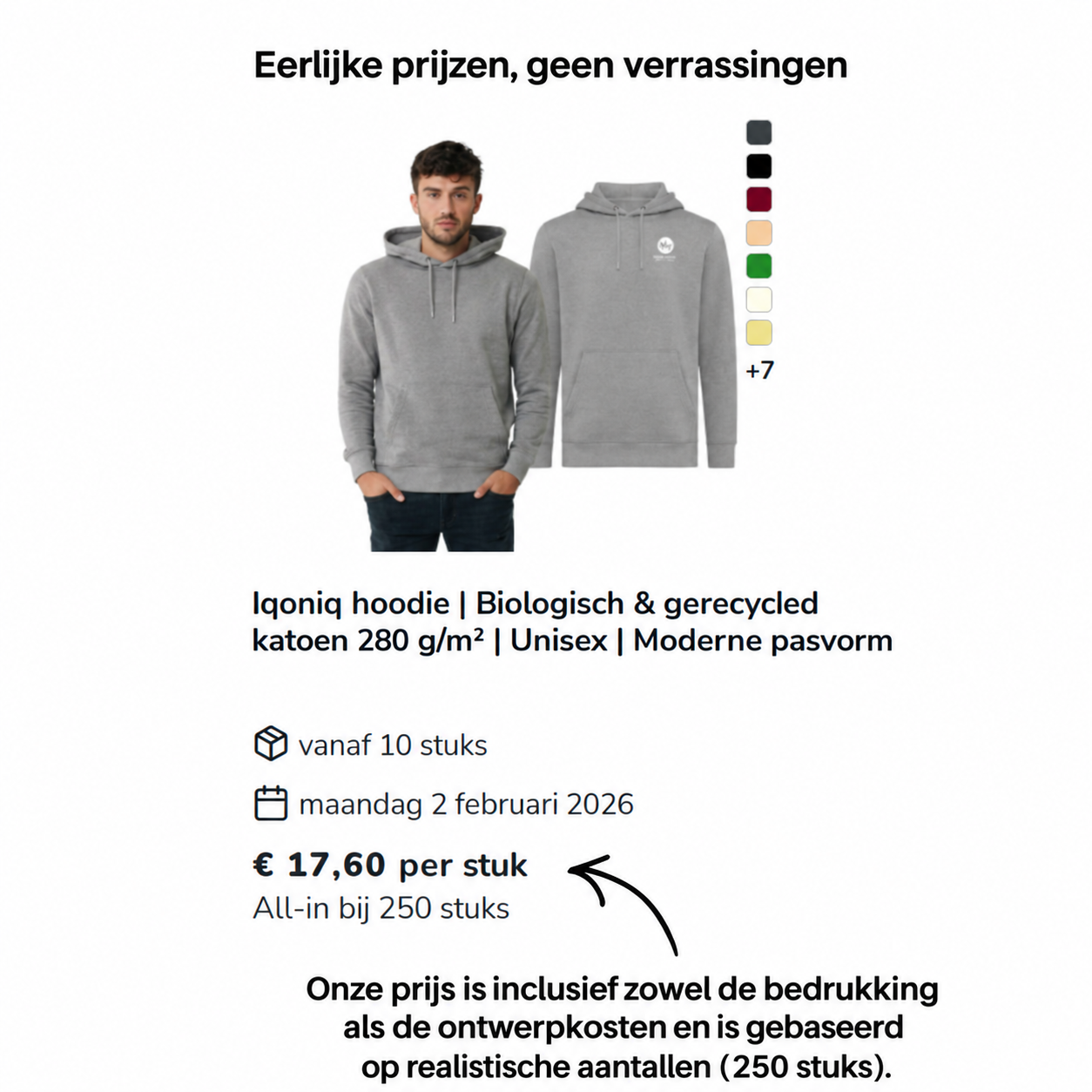 Eerlijke prijzen, geen verrassingen: Iqoniq hoodie vanaf 10 stuks, 17,60 per stuk all-in bij 250 stuks. De prijs is inclusief druk- en ontwerpkosten en gebaseerd op realistische bestelhoeveelheden.