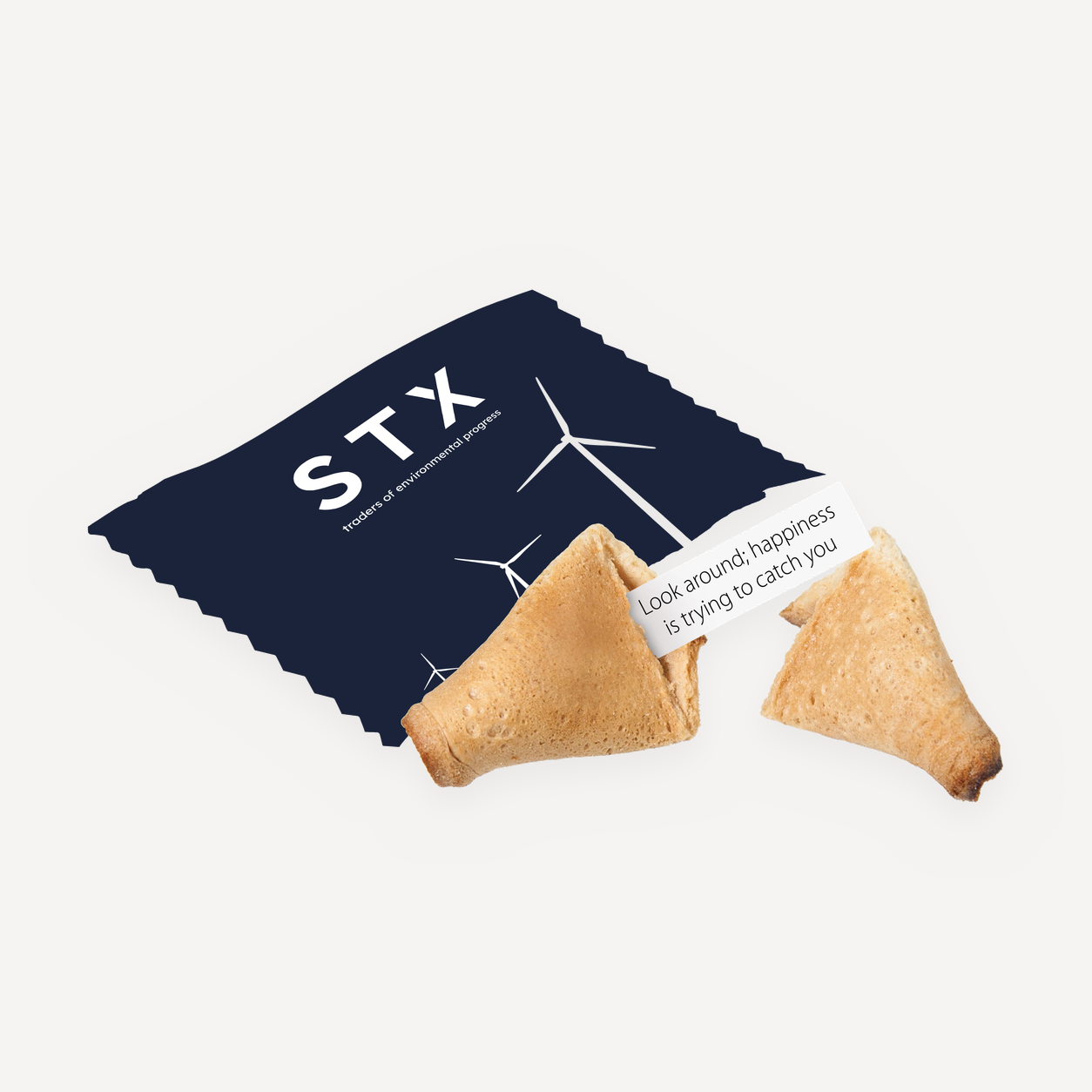 STX branded fortune cookie in printed wrapper