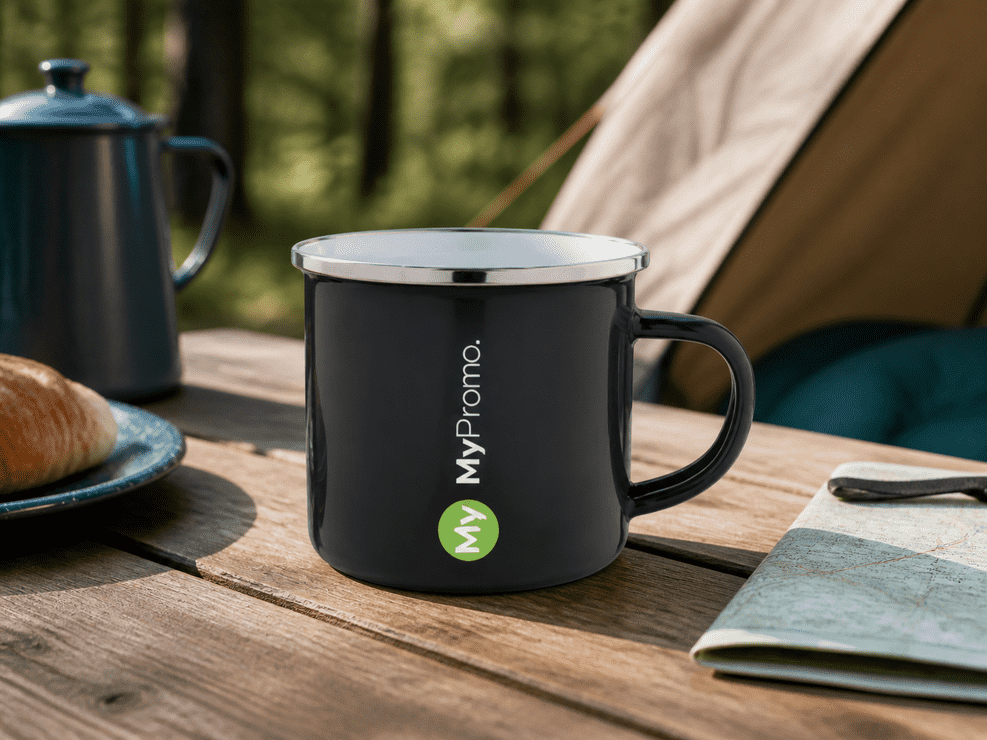 Große Ansicht einer schwarzen Emaille-Tasse