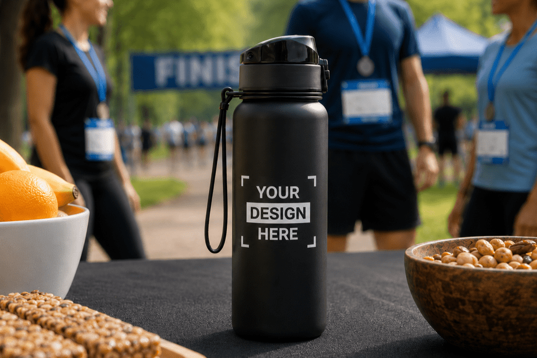 Große Ansicht einer schwarzen Sportflasche mit Spezialeffekt mit Wärmeeffekt