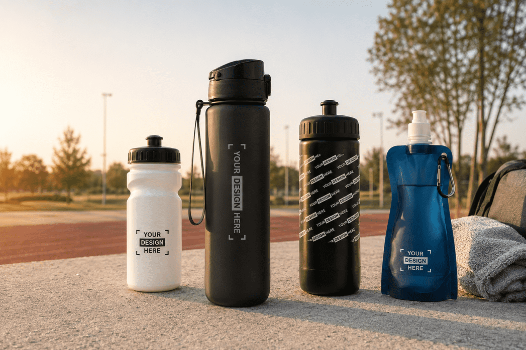Große Ansicht einer schwarzen bedruckten Sportflasche