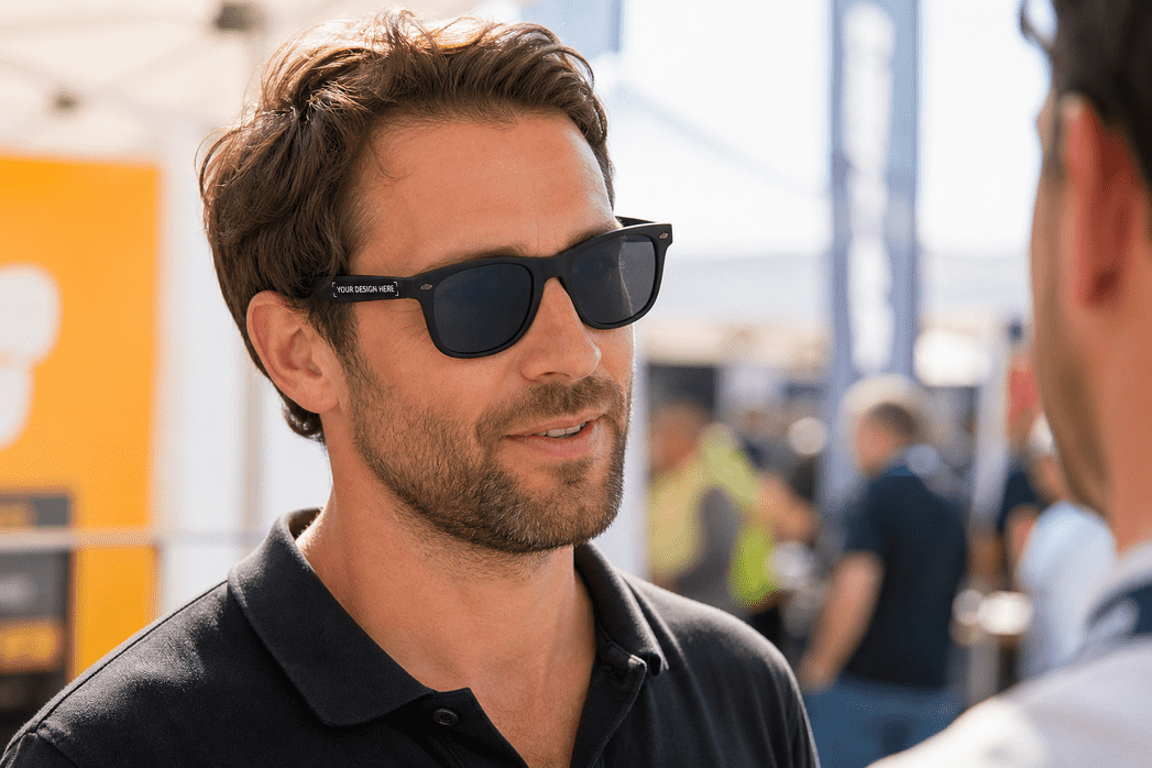 Mann mit individuell bedruckter Sonnenbrille