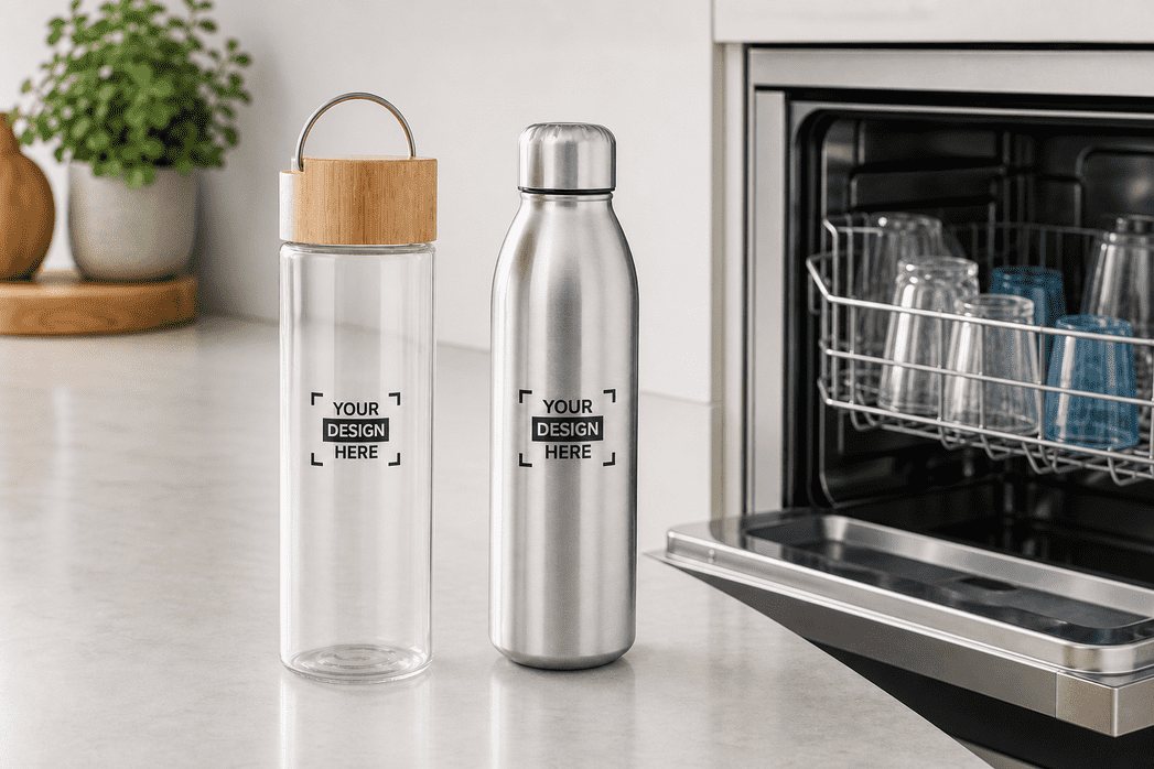 Große Ansicht einer personalisierten Trinkflasche beim Wandern