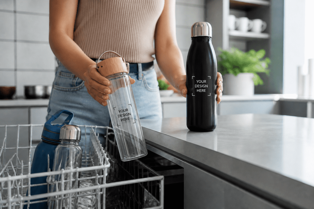 Große Ansicht einer personalisierten Wasserflasche als Werbegeschenk