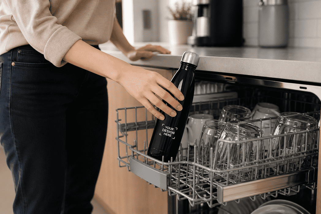 Große Ansicht einer personalisierten Wasserflasche im Büro