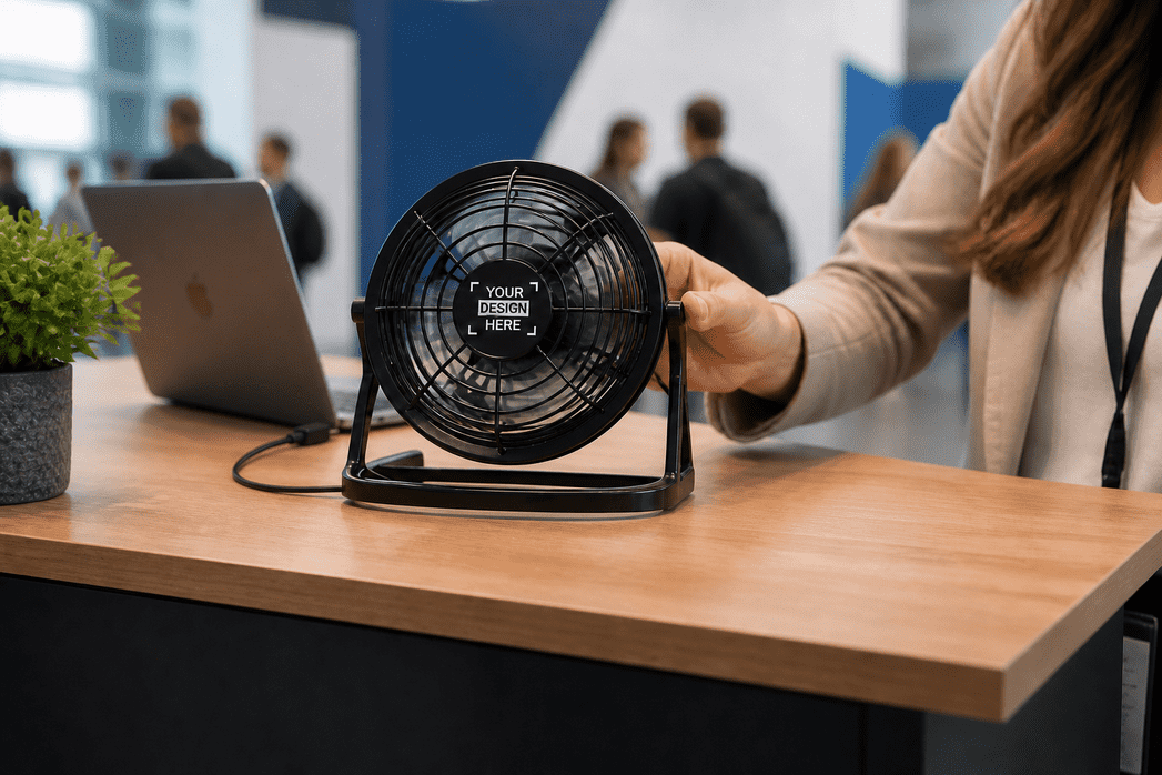 Bedruckter Ventilator am Messestand