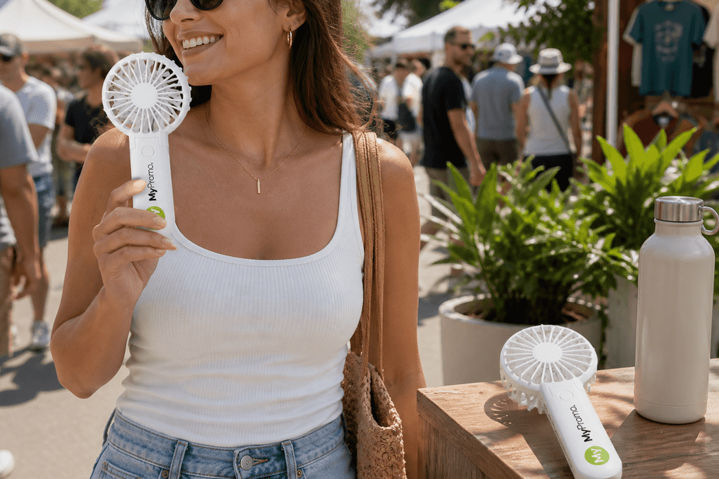 Personalisierter Handventilator bei einer Outdoor-Aktion
