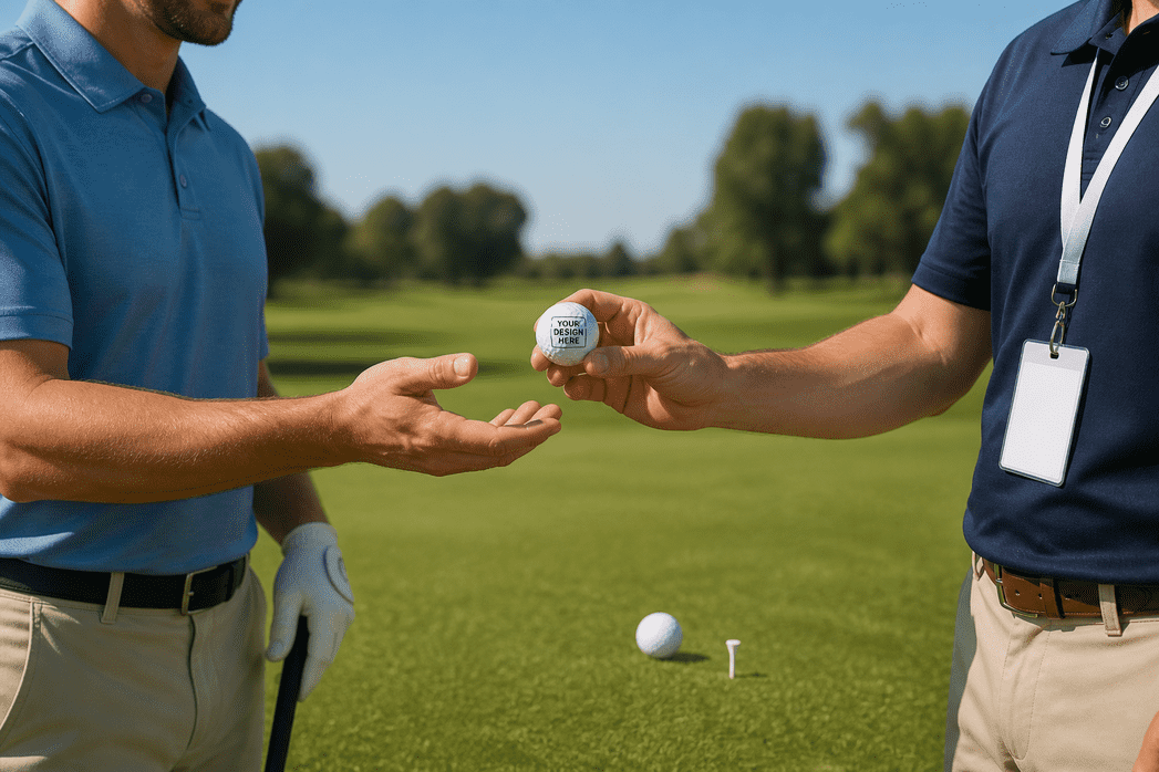 Große Ansicht bedruckter Golfbälle auf dem Golfplatz