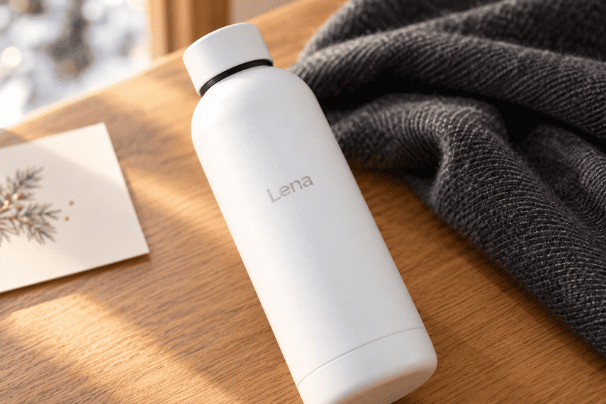 Beispielhafte Namensgravur Lena auf einer weißen Thermosflasche neben einem dunklen Strickstoff.