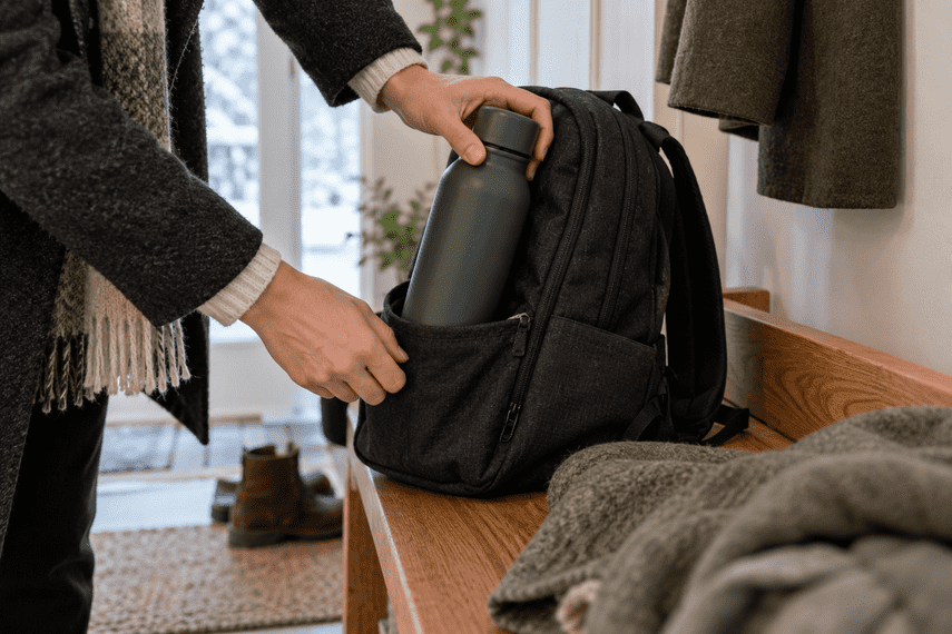 Eine Person steckt eine grüne Thermosflasche in die Seitentasche eines Rucksacks für den Arbeitsweg.