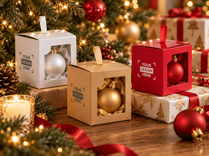 Glitterende kerstbal met linthanger in geschenkverpakking