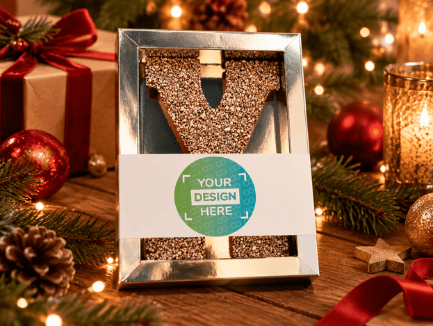 Chocoladeletter van melkchocolade in geschenkdoos