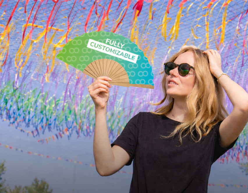 Woman dancing with a personalised promotional fan