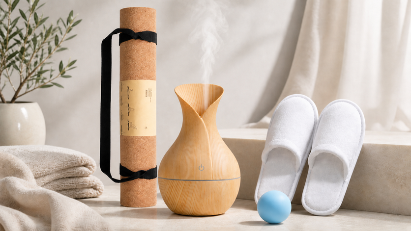 Coffret bien-être avec baume à lèvres, carnet et tapis de yoga