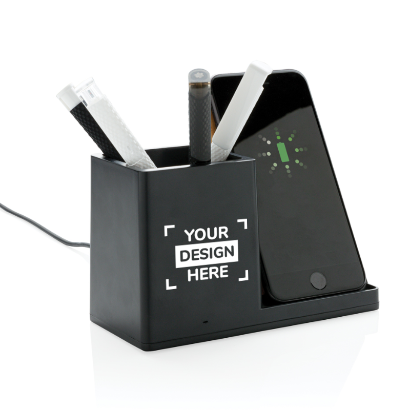 Black personalised wireless charging station with pen holder