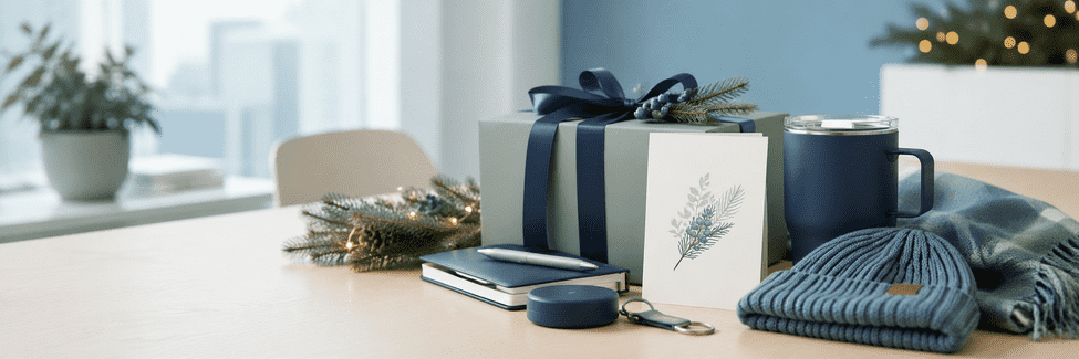 Corporate Christmas gifts arranged on a desk in a modern office