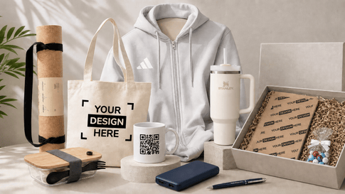 Objets publicitaires premium sur un bureau moderne