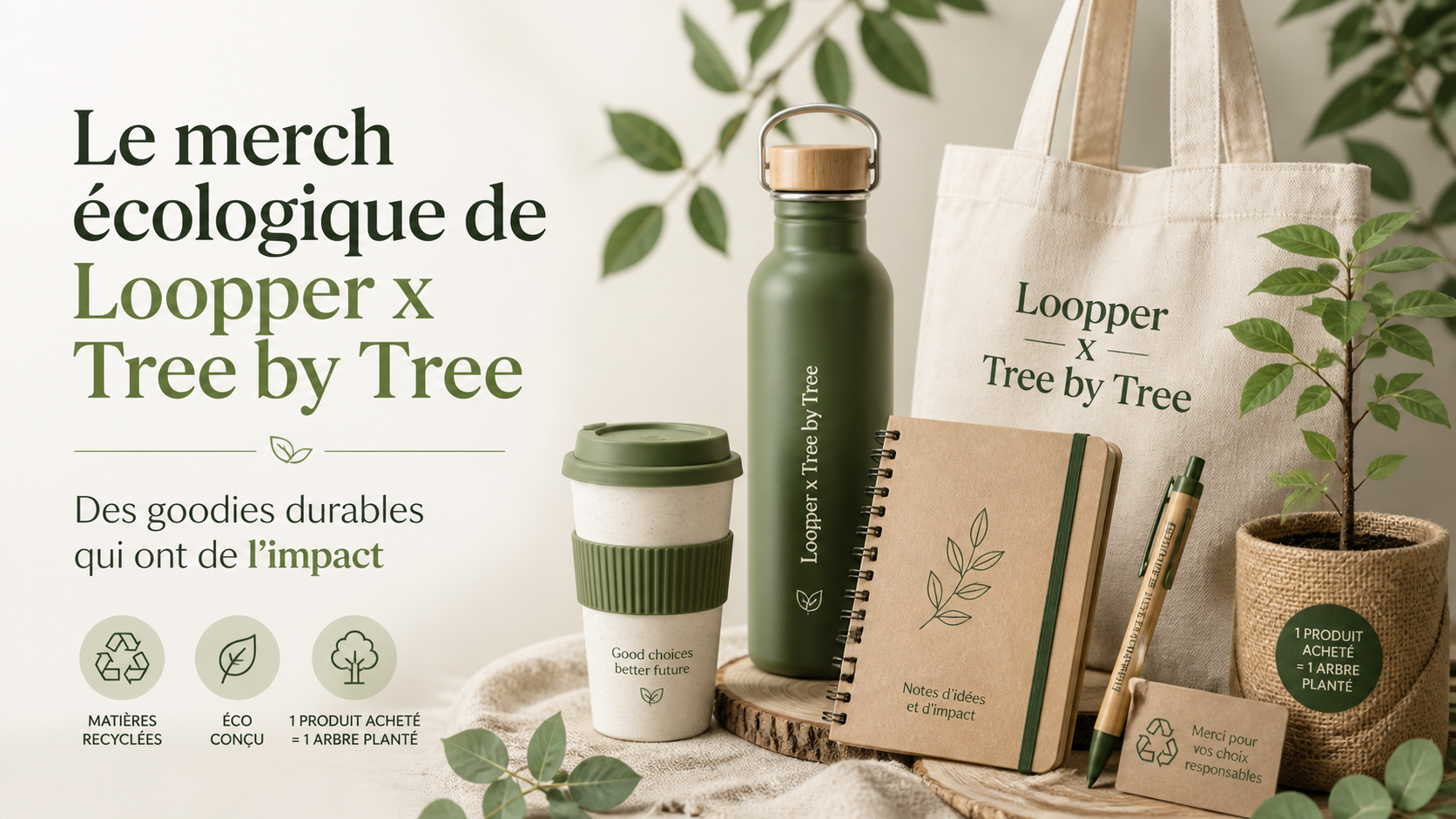 Objets publicitaires écologiques Loopper avec gourde personnalisée, tote bag, carnet et stylo durable