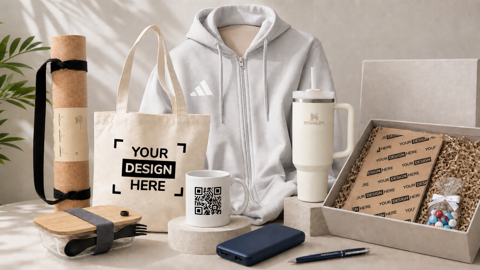Objets publicitaires premium sur un bureau moderne