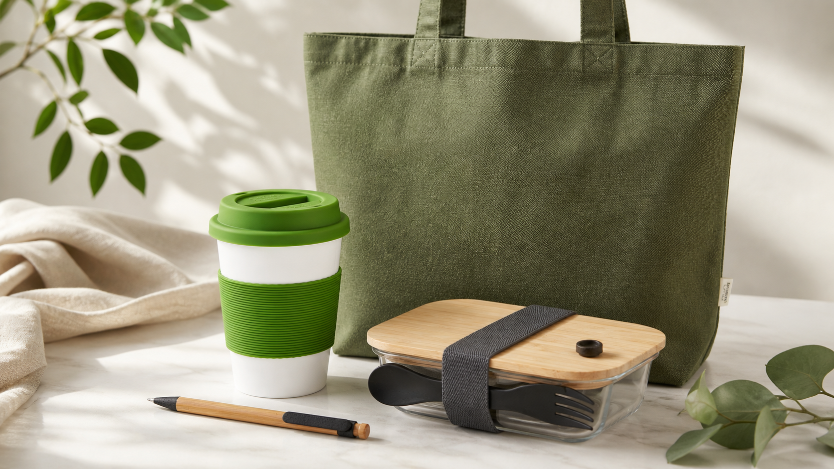 Gourde éco-responsable, tote bag recyclé et carnet certifié