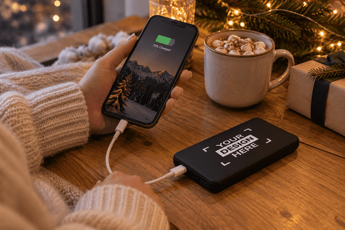 Rubberised 8,000 mAh power bank with logo print area