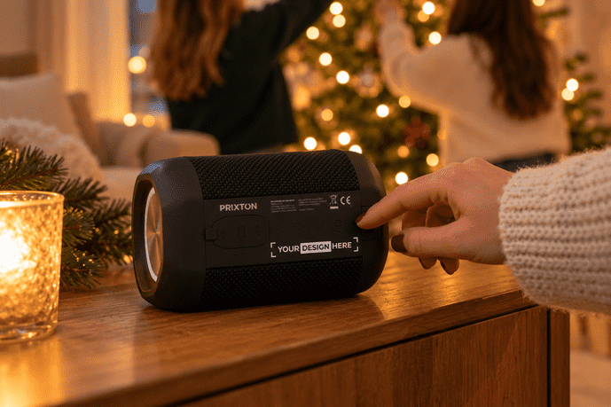 Compact Bluetooth speaker with space for a company logo
