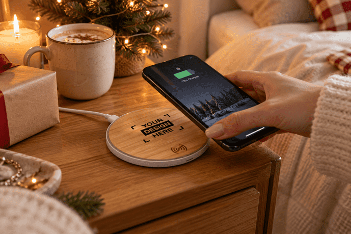 Bamboo wireless charging pad with logo print area