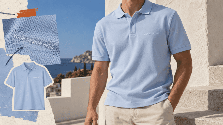Polo premium personnalisé présenté dans un collage éditorial analogique