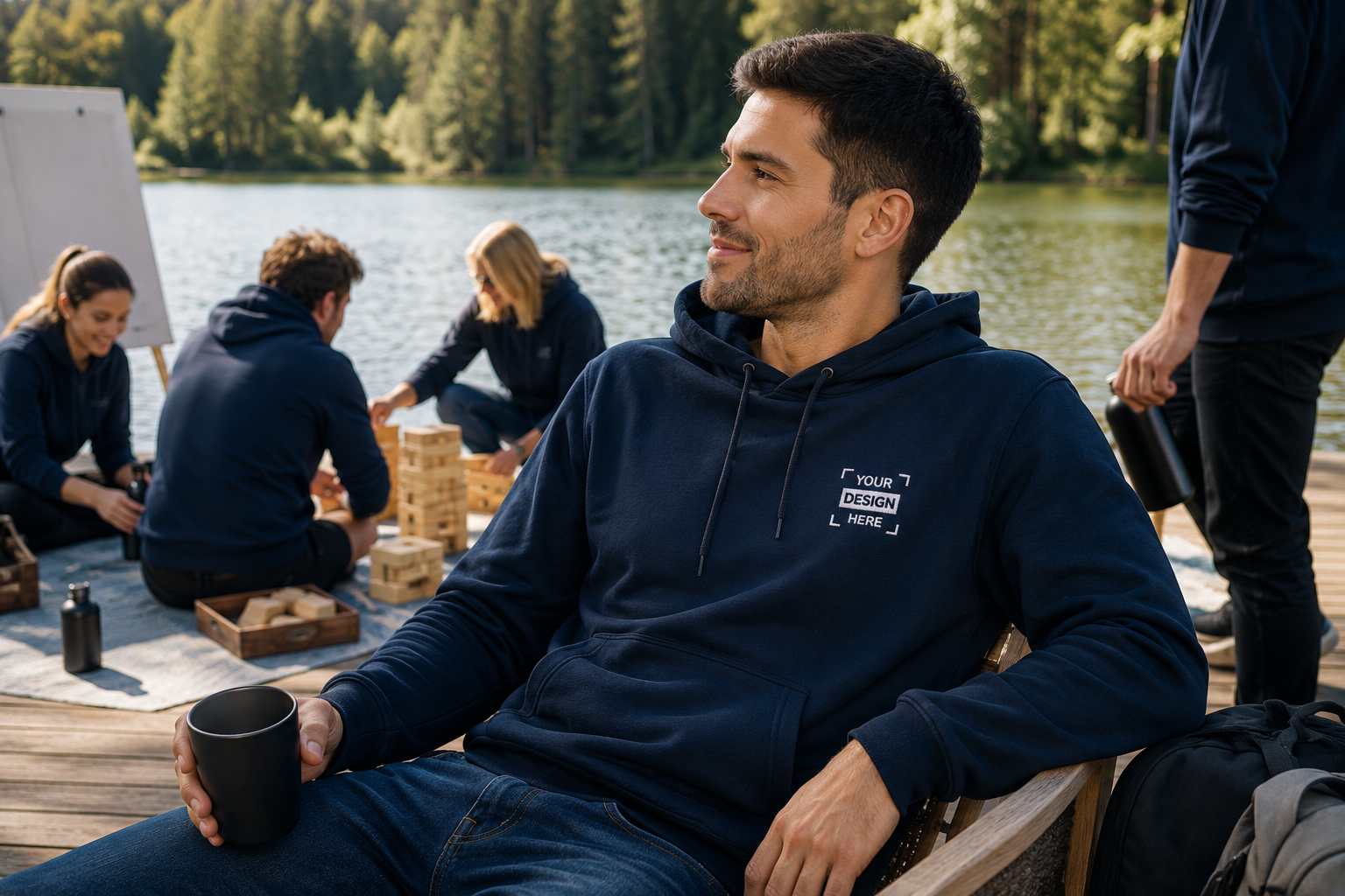 Hoodie mit besticktem Logo, getragen im Team