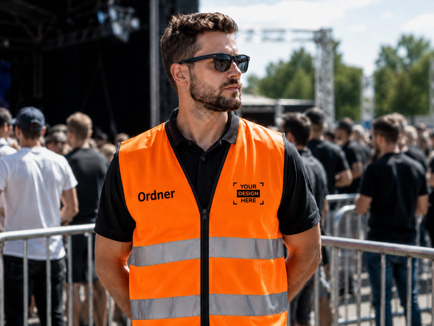Große Ansicht einer orangen Warnweste mit Aufschrift Ordner