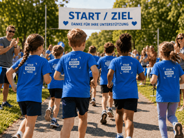 Große Ansicht von Kindern mit bedruckten T-Shirts bei einem Spendenlauf