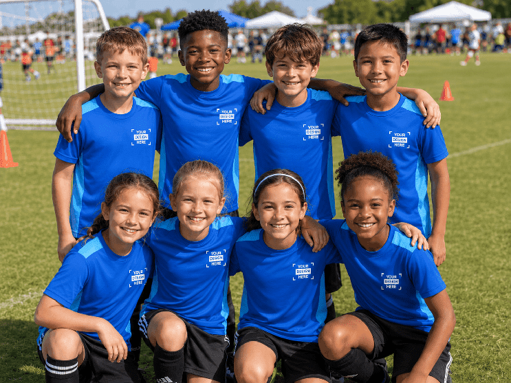 Große Ansicht einer Kinder-Sportmannschaft mit bedruckten Shirts