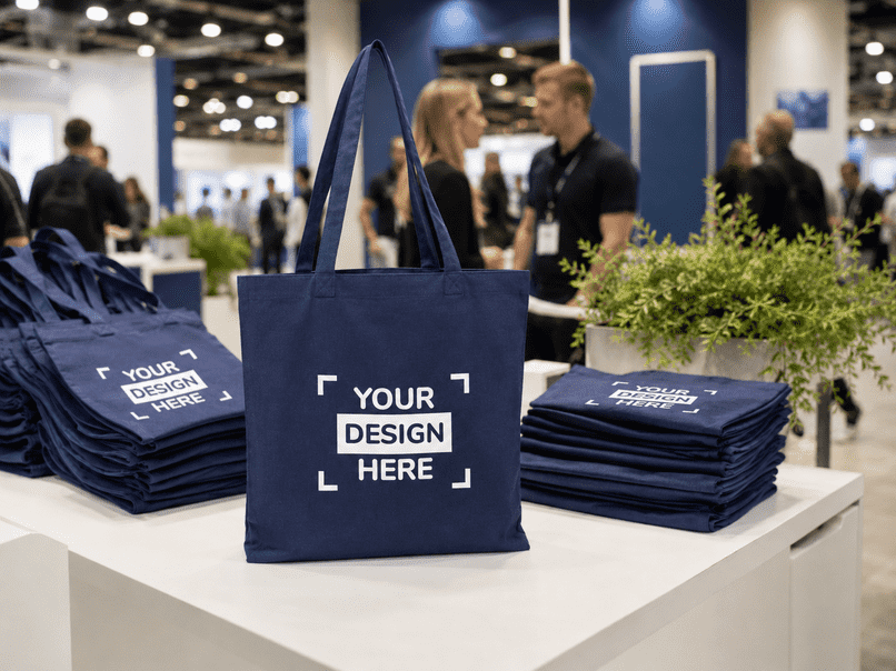 Große Ansicht bedruckter Baumwollbeutel als Messe-Giveaway