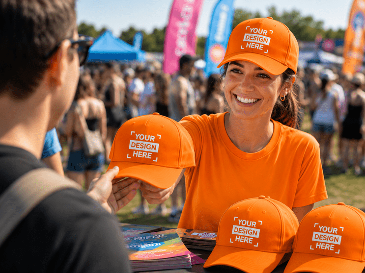 Große Ansicht bunt bedruckter Basecaps als Festival-Giveaway