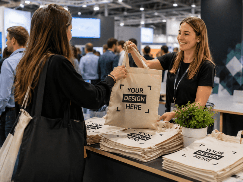 Große Ansicht einer bedruckten Non-Woven-Messetasche als Giveaway