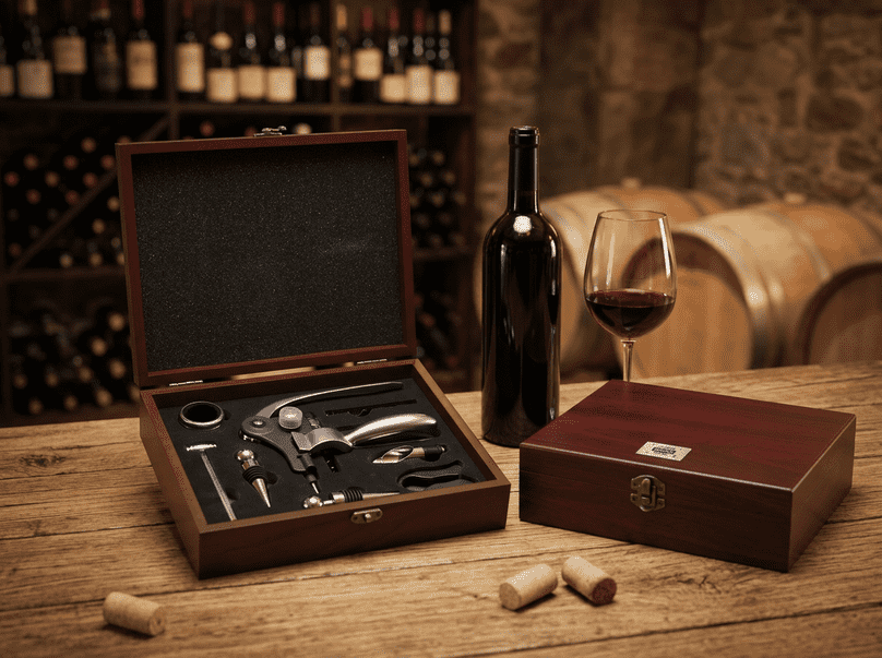 Große Ansicht eines hochwertigen Weinsets in Bambus-Geschenkbox