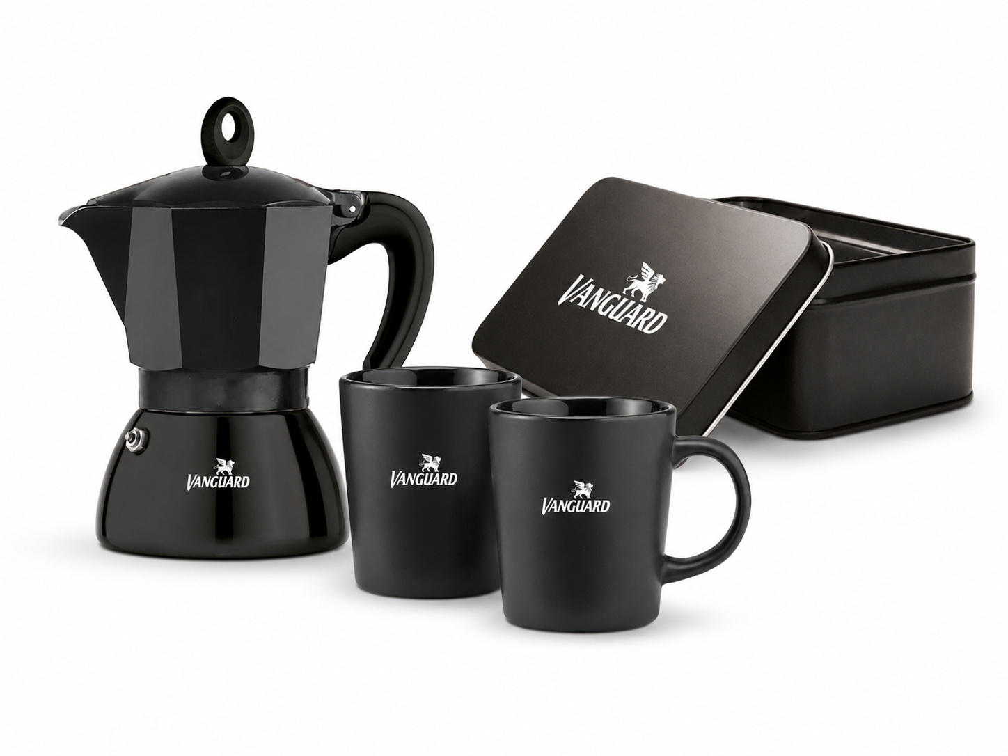 Vanguard Kaffeeset mit Espressokocher, zwei Tassen und Metalldose