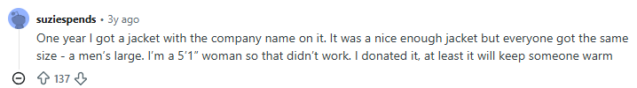 Reddit comment about a disappointing company gift